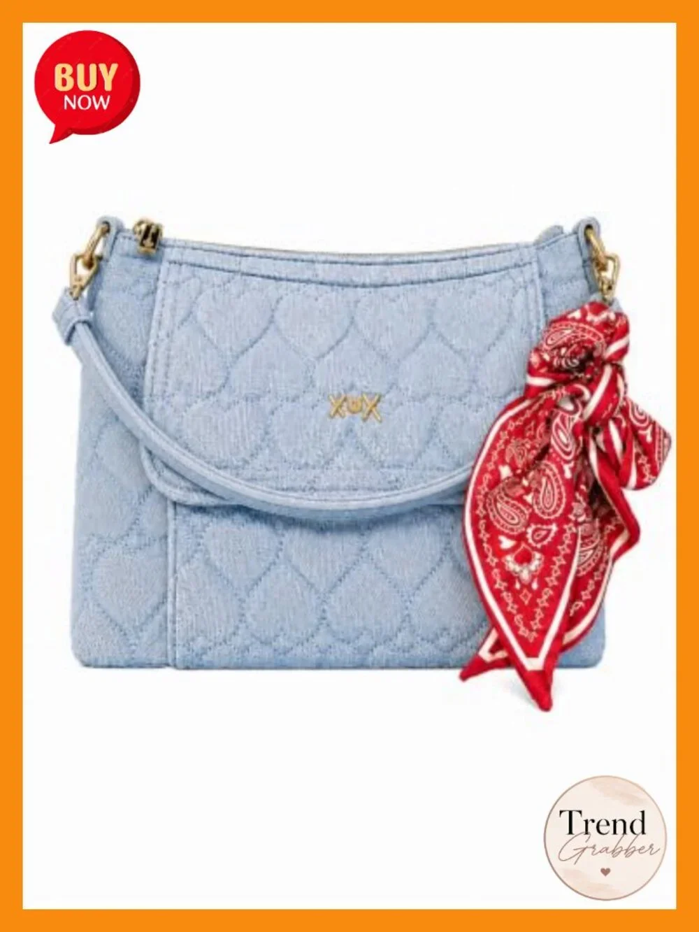 Heart Quilted Denim Shoulder Bag with Convertible Crossbody Strap, Scarf Charm